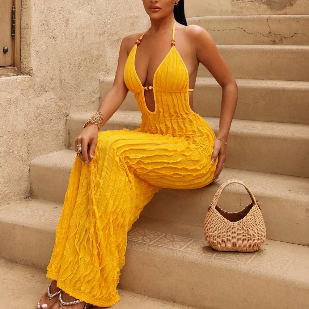 Yellow Women's Sexy Deep V-Neck beaded details maxi Dress vacation summer